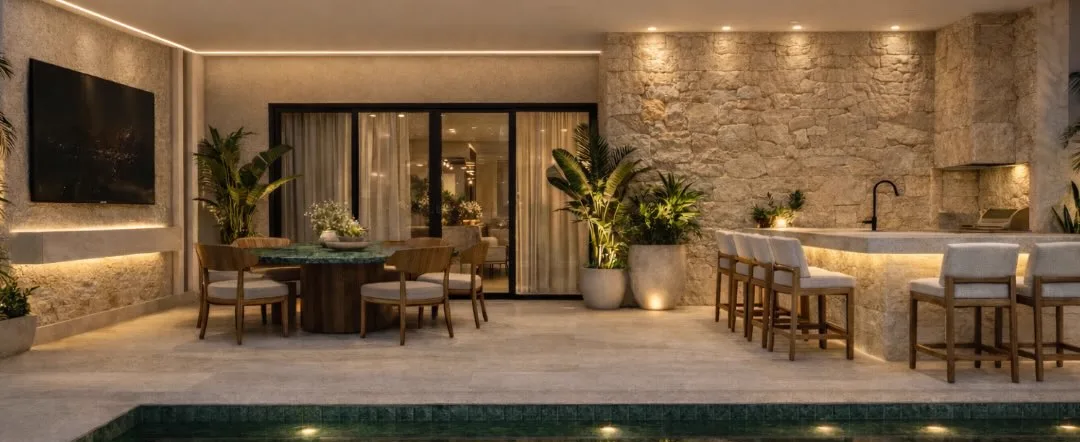 Área gourmet com parede de pedra, bancada iluminada, mesa de jantar e piscina