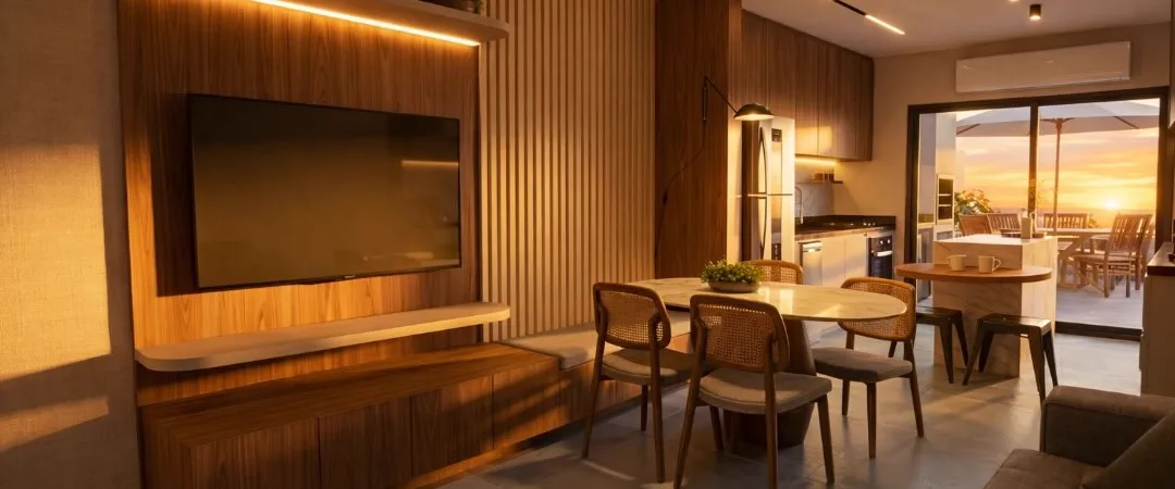 Living com painel de madeira ripado, mesa de jantar redonda e cozinha integrada